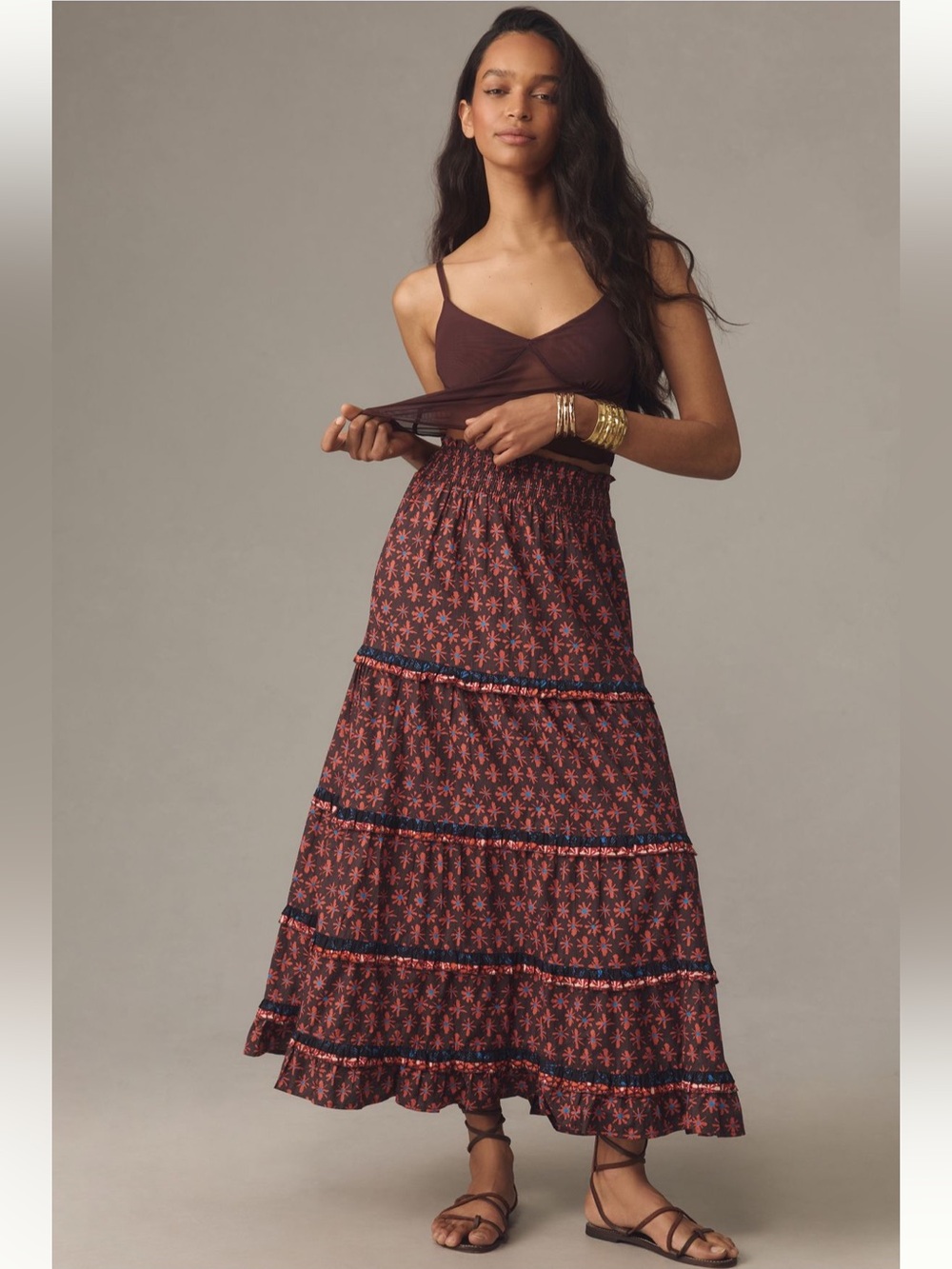Anthropologie Genevieve Maxi Skirt with Coral Floral Print